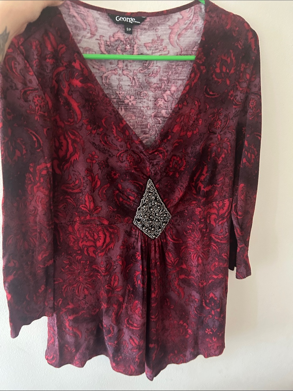 George Burgundy Paisley V-Neck Tunic with Center Embellishment